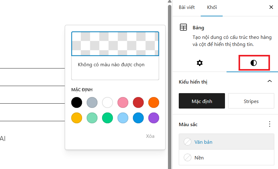 Cài đặt bảng (Table settings)
