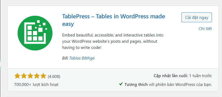 Sử dụng plugin tạo Bảng