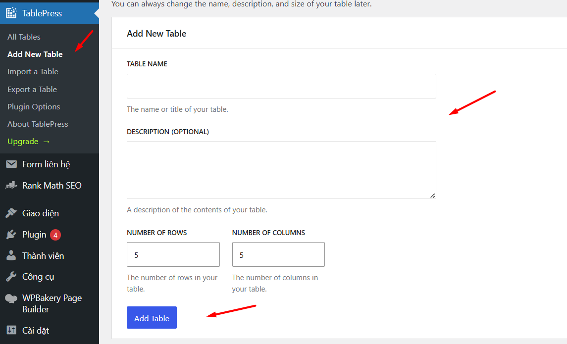 Sử dụng plugin tạo Bảng