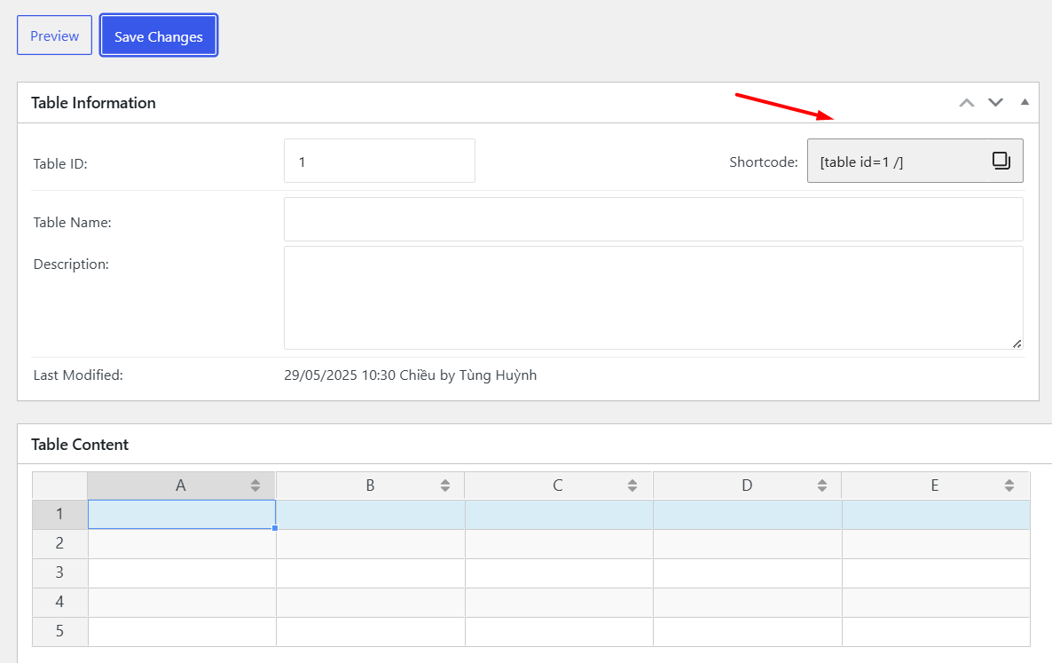Sử dụng plugin tạo Bảng