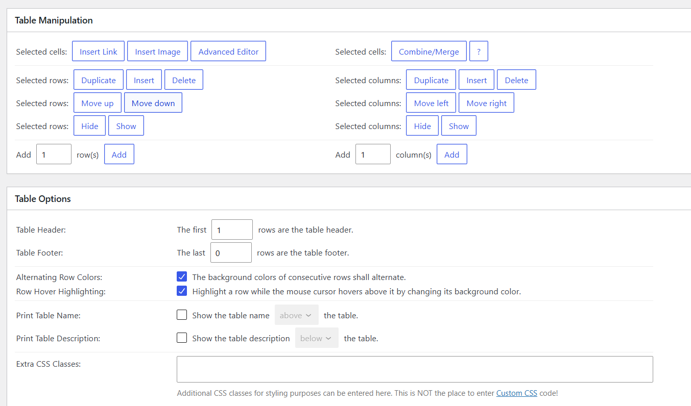 Sử dụng plugin tạo Bảng