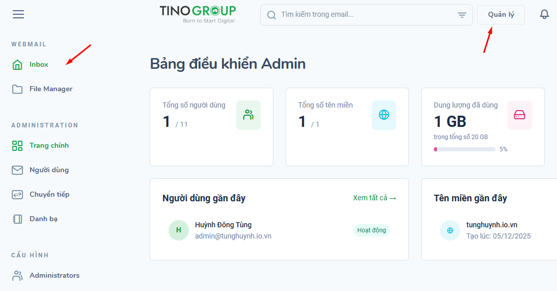 Hướng dẫn cách đăng ký và cấu hình TinoMail tại Tino 30 Kiểm tra email