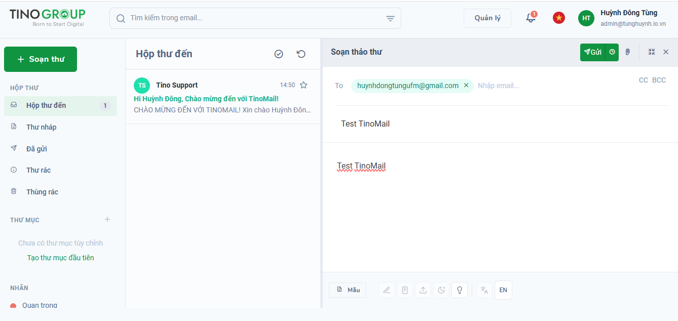 Cách đăng ký email tên miền công ty đơn giản nhất với TinoMail 20 Kiểm tra gửi nhận (Test mail)