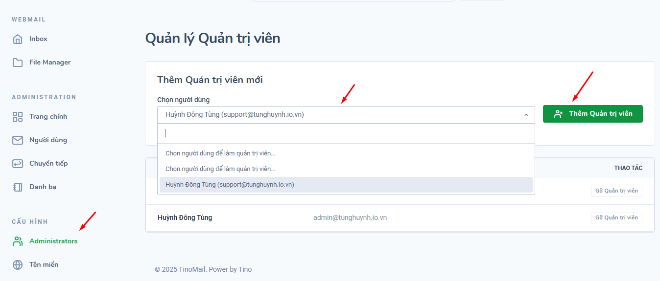 Cách đăng ký email tên miền công ty đơn giản nhất với TinoMail 26 Phân quyền quản trị viên