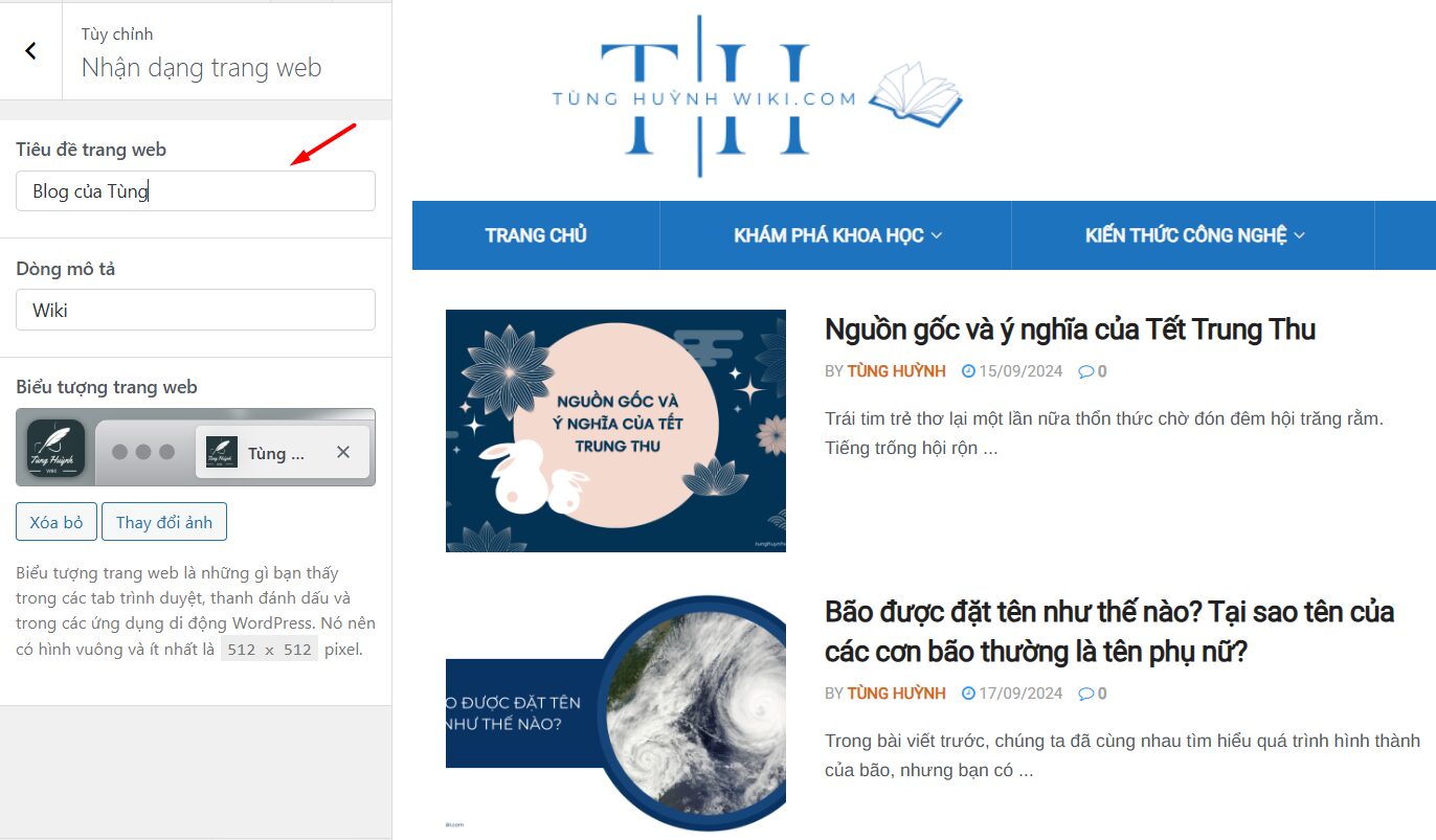 Thay đổi tiêu đề trang bằng WordPress Customizer