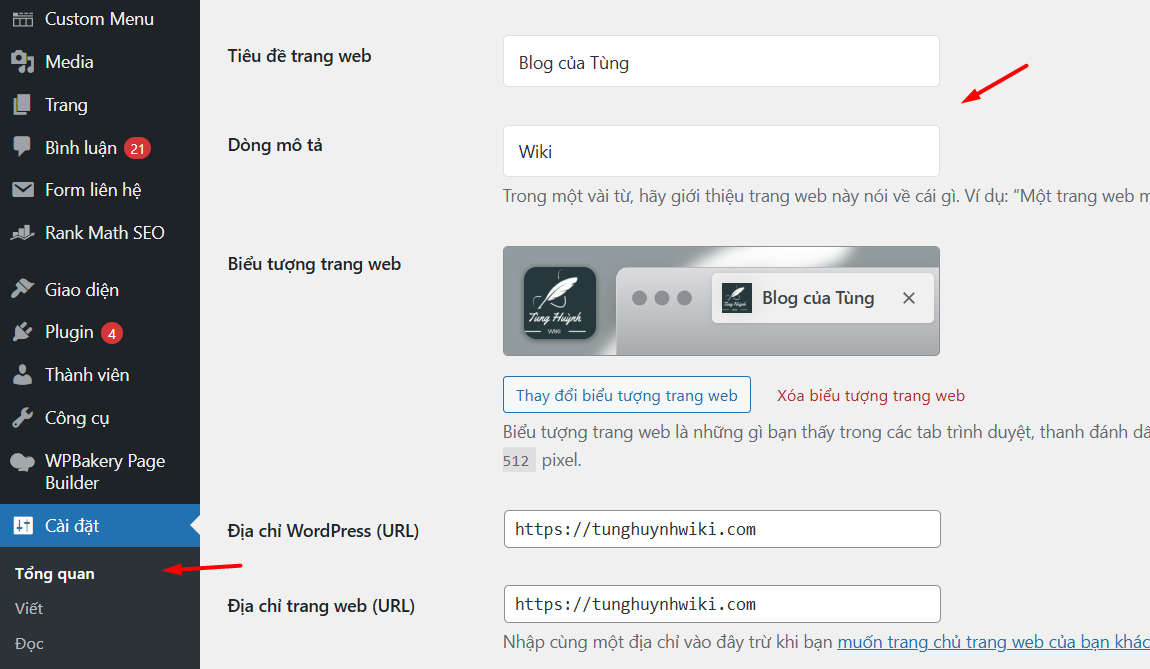 Thay đổi tiêu đề trang qua phần Cài đặt Chung