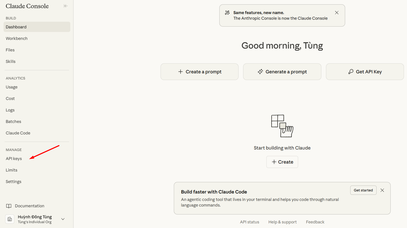 Truy cập khu vực quản lý API Key