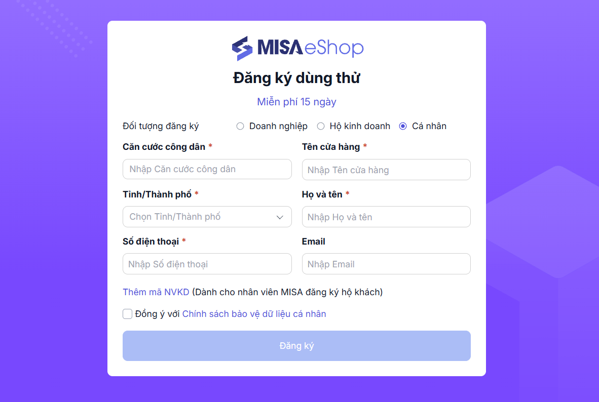 Đăng ký tài khoản MISA eShop