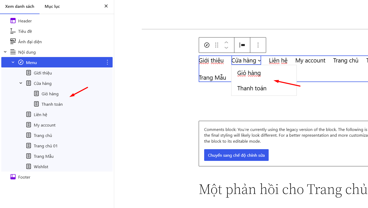 Tạo menu đa cấp bằng Site Editor