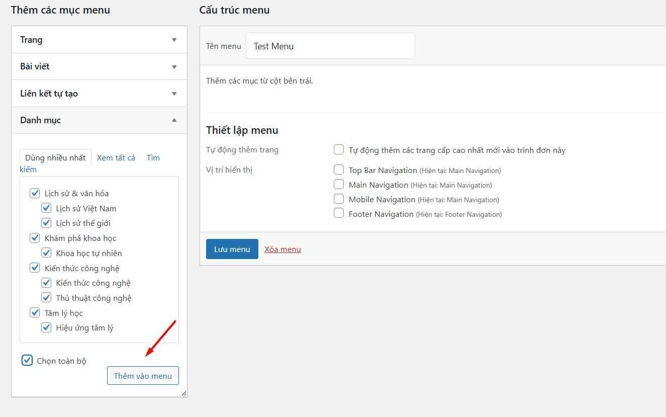 Tạo menu đa cấp qua trình tạo menu cổ điển của WordPres