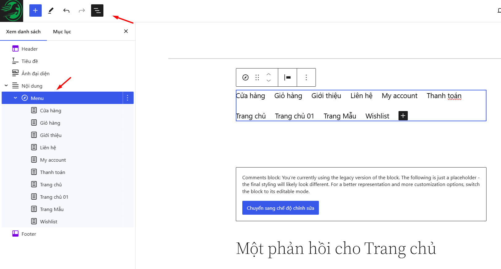 Tạo menu đa cấp bằng Site Editor