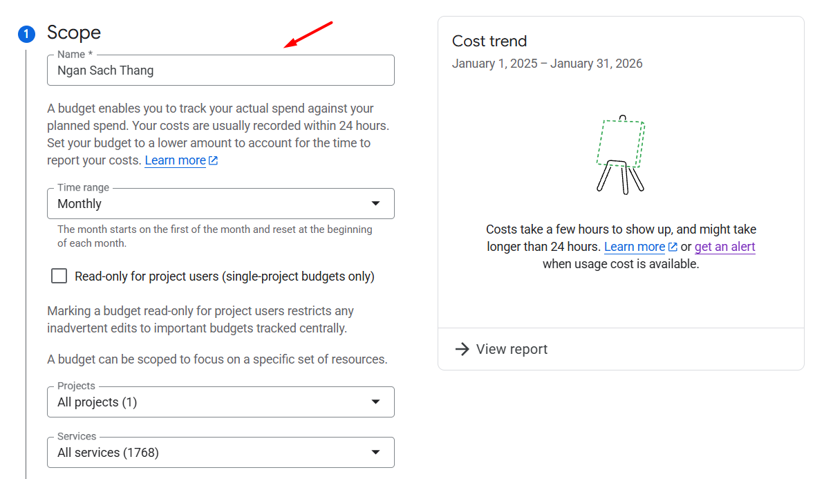 Cách tạo Budget Alert (Cảnh báo ngân sách)