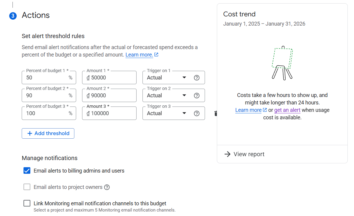 Cách tạo Budget Alert (Cảnh báo ngân sách)