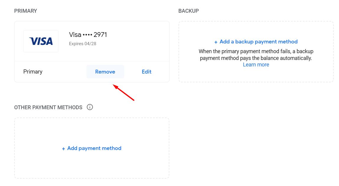 Xóa phương thức thanh toán cũ