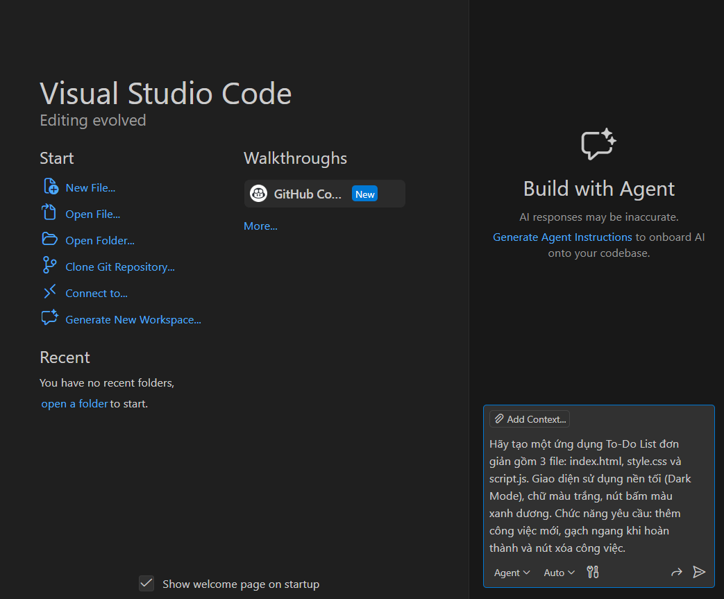 Hướng dẫn sử dụng Copilot trong VSCode để thực hiện Vibe Coding
