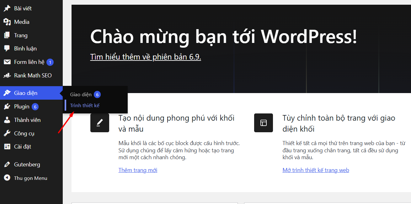 Cách 3: Thêm Icon trong Trình thiết kế (Site Editor) – Dành cho giao diện Block Theme