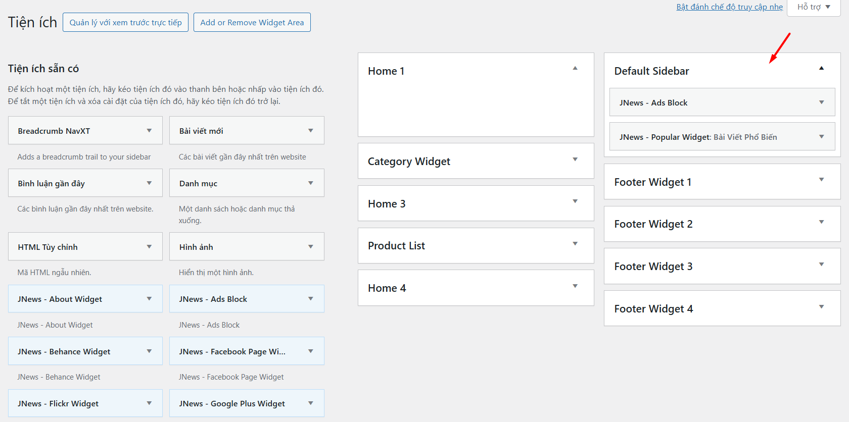 Thêm Sidebar qua giao diện Widget truyền thống 