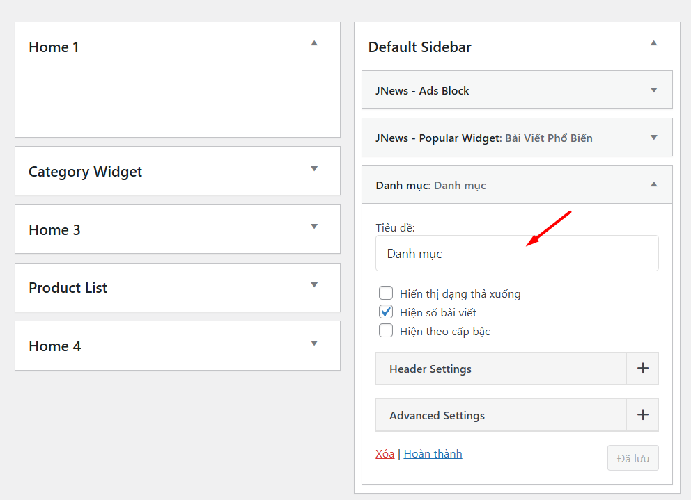 Thêm Sidebar qua giao diện Widget truyền thống 