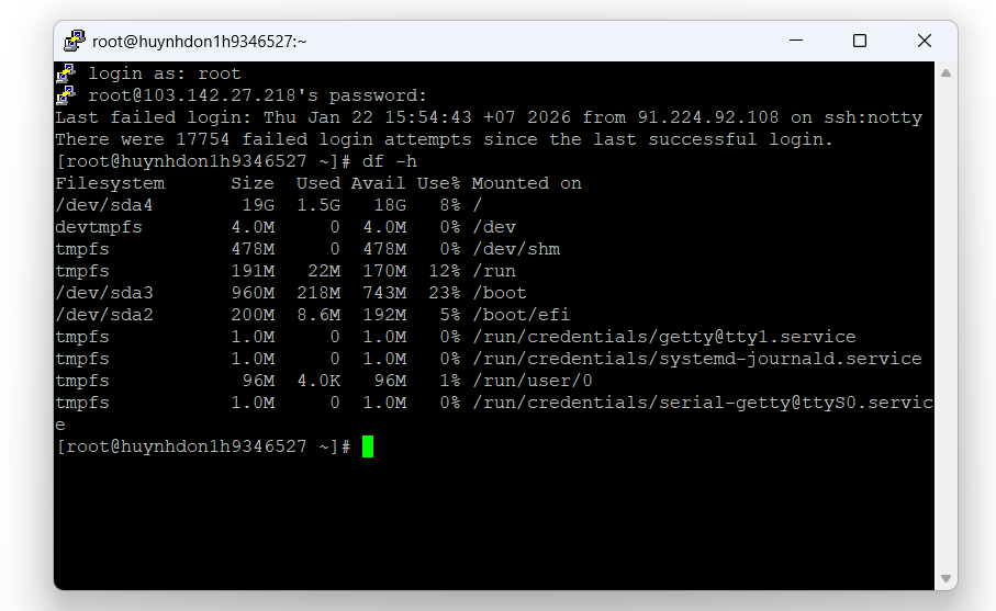 Sử dụng lệnh df (Disk Filesystem) để xem tổng quan