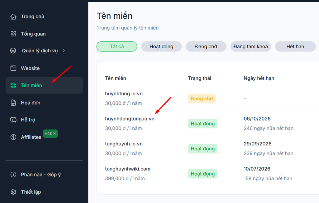 Cấu hình với tên miền đăng ký tại Tino Group