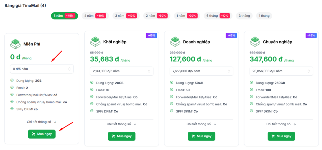 Cách đăng ký gói TinoMail miễn phí