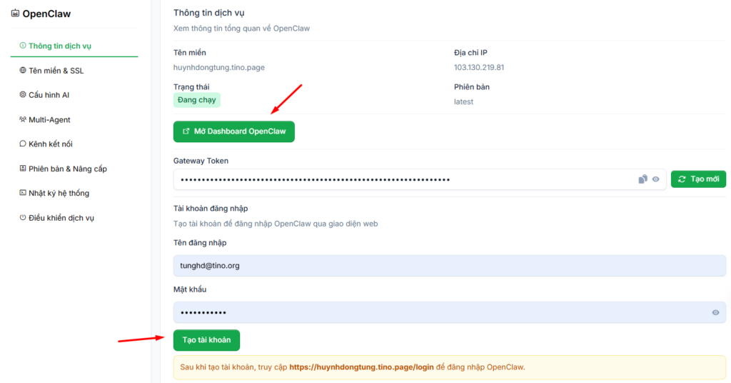 Truy cập bảng điều khiển trung tâm Gateway Dashboard