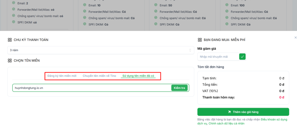 Cách đăng ký gói TinoMail miễn phí