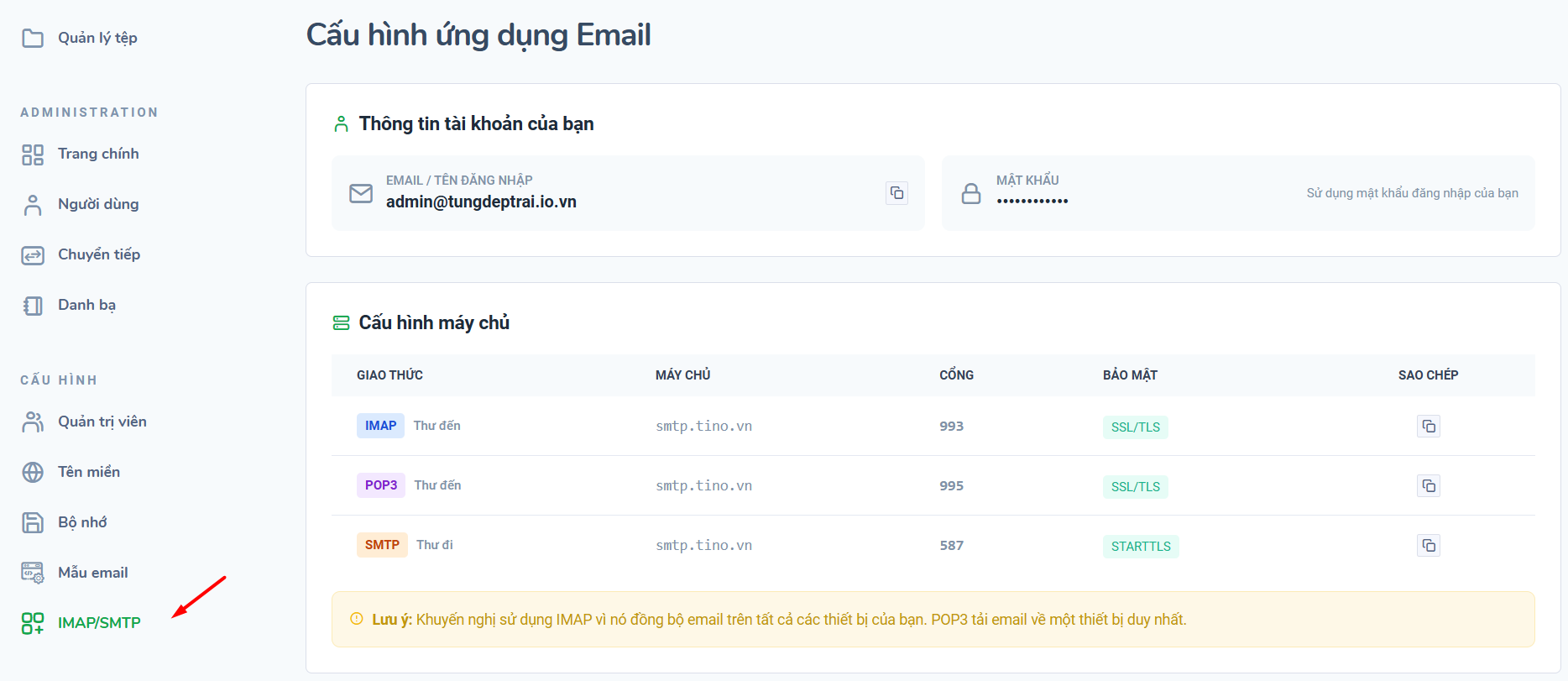Lấy thông tin cấu hình IMAP/SMTP