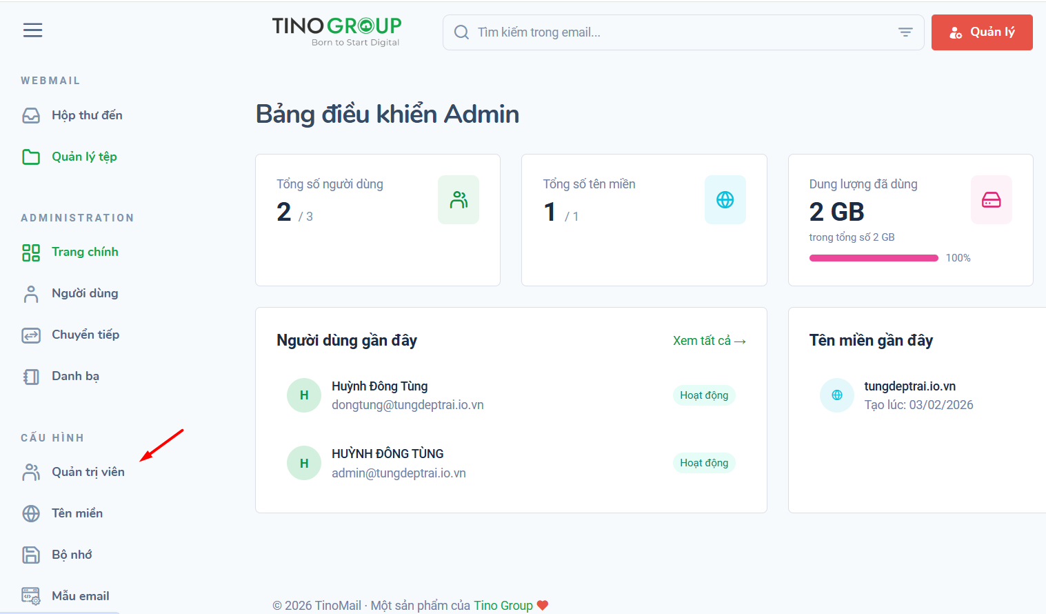 Thêm quản trị viên TinoMail