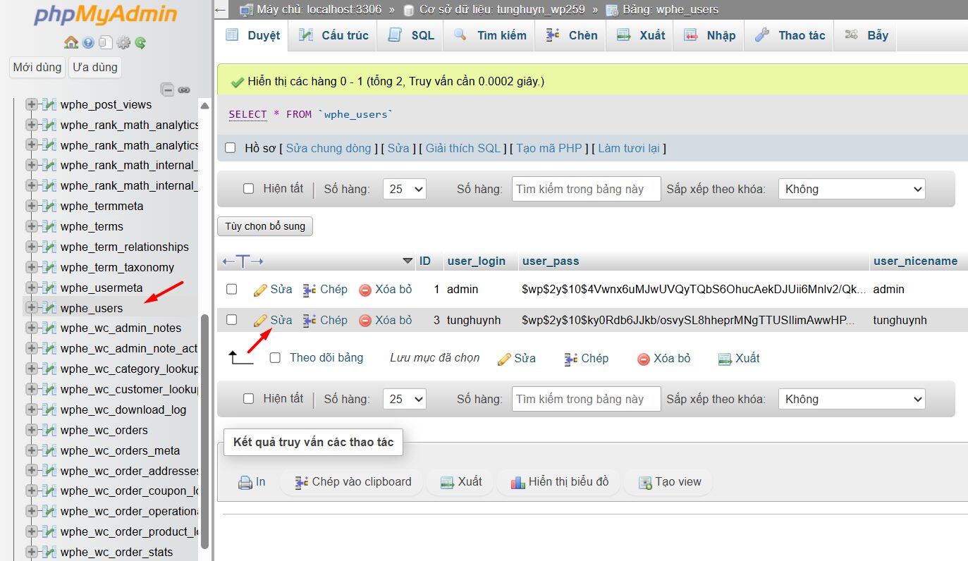 Reset mật khẩu người dùng WordPress trong phpMyAdmin