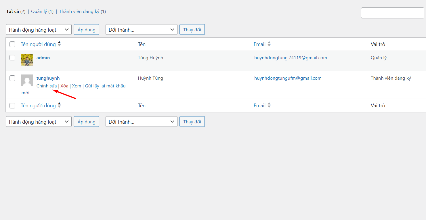 Reset mật khẩu người dùng WordPress trong Dashboard