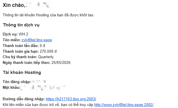 Kiểm tra thông tin Hosting qua Email