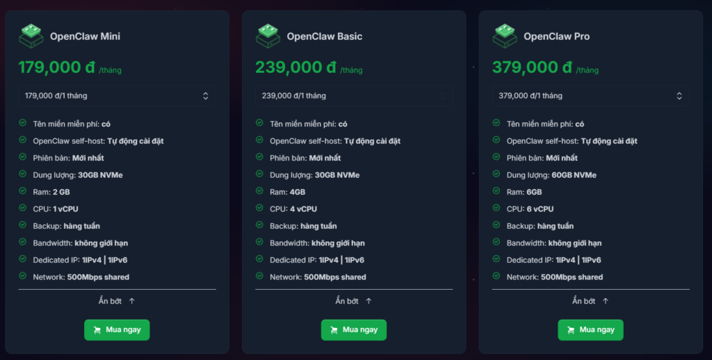 Ba gói cấu hình phù hợp với từng nhu cầu