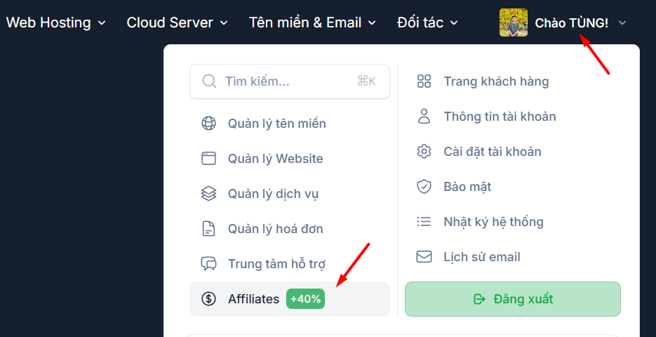 Truy cập khu vực quản lý affiliate