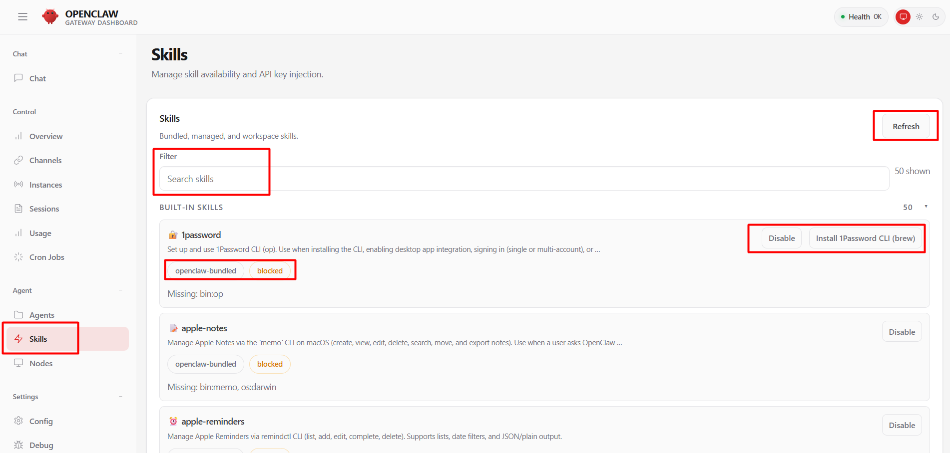 Quản lý OpenClaw Skill trên giao diện Gateway Dashboard