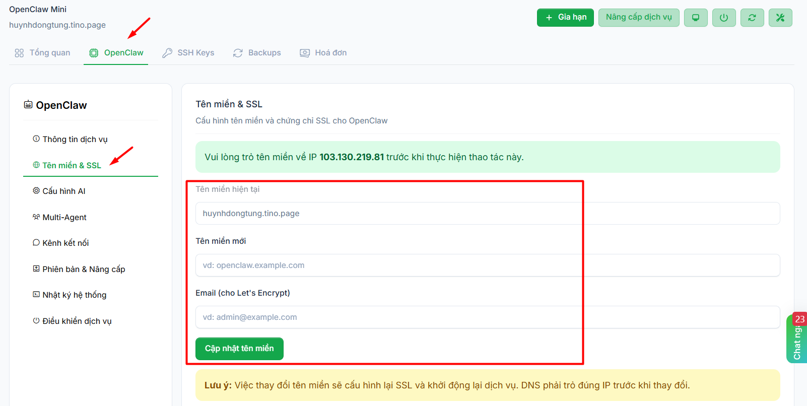 Tùy chỉnh Tên miền và chứng chỉ SSL (tùy chọn)