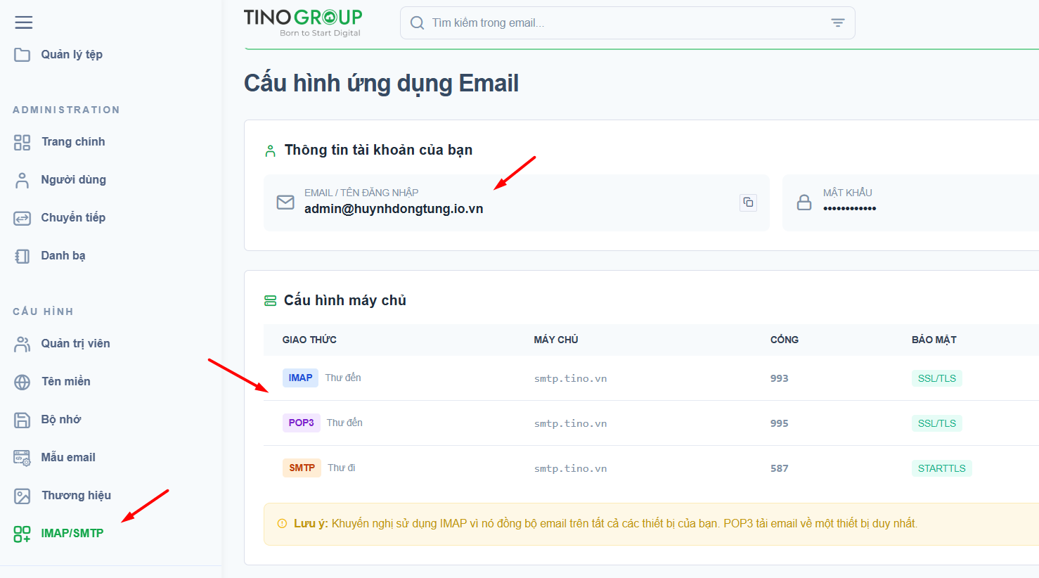 Đăng nhập TinoMail và lấy thông tin cấu hình