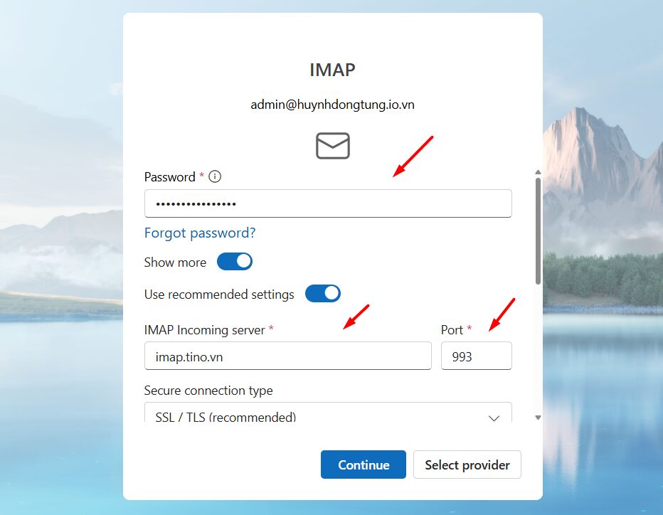 Điền thông tin máy chủ thư đến