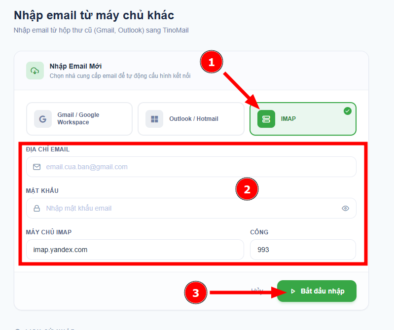 Hướng dẫn chuyển dữ liệu mail từ Yandex sang TinoMail 8 Tiến hành chuyển dữ liệu về TinoMail