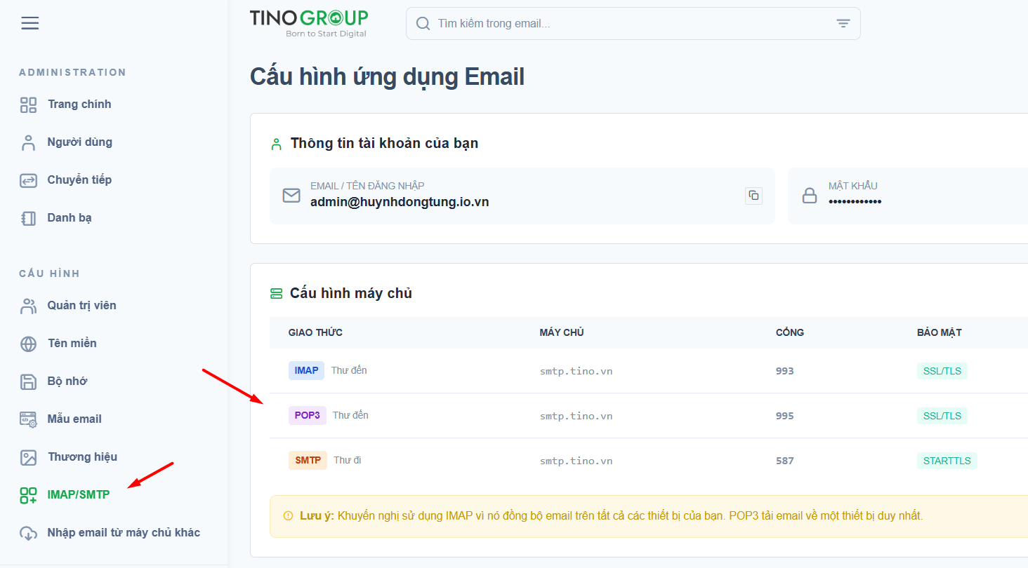 Đăng nhập TinoMail và lấy thông tin cấu hình
