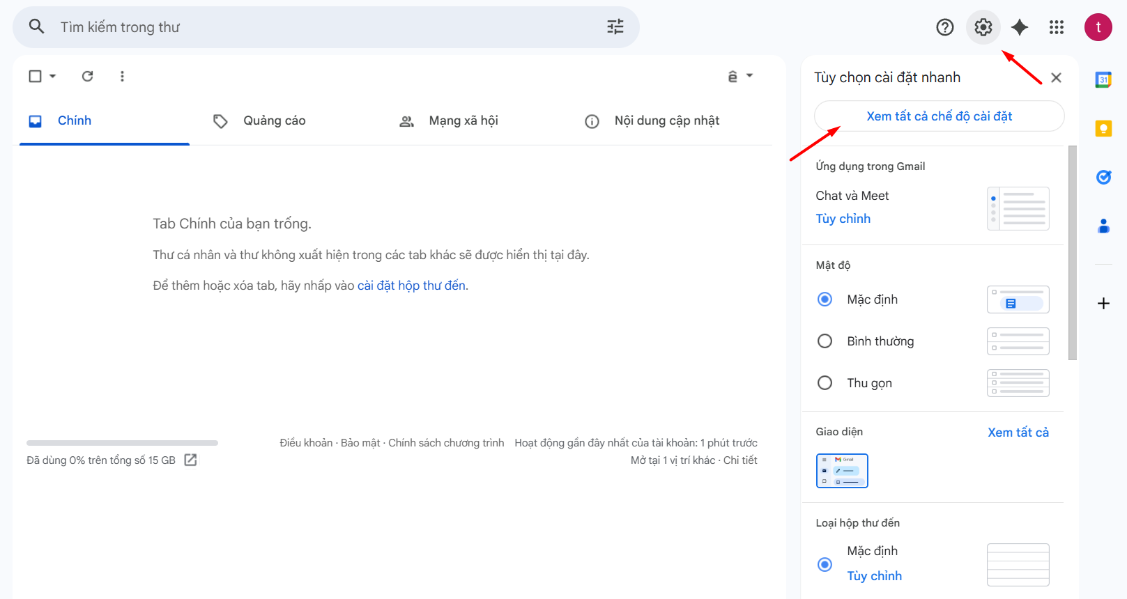 Mở bảng cài đặt trên Gmail