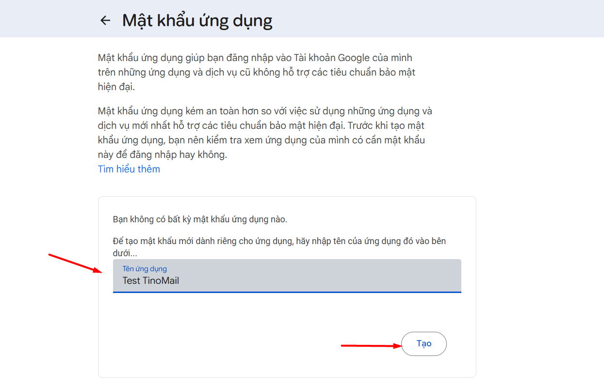 Tạo mật khẩu ứng dụng cho tài khoản Google