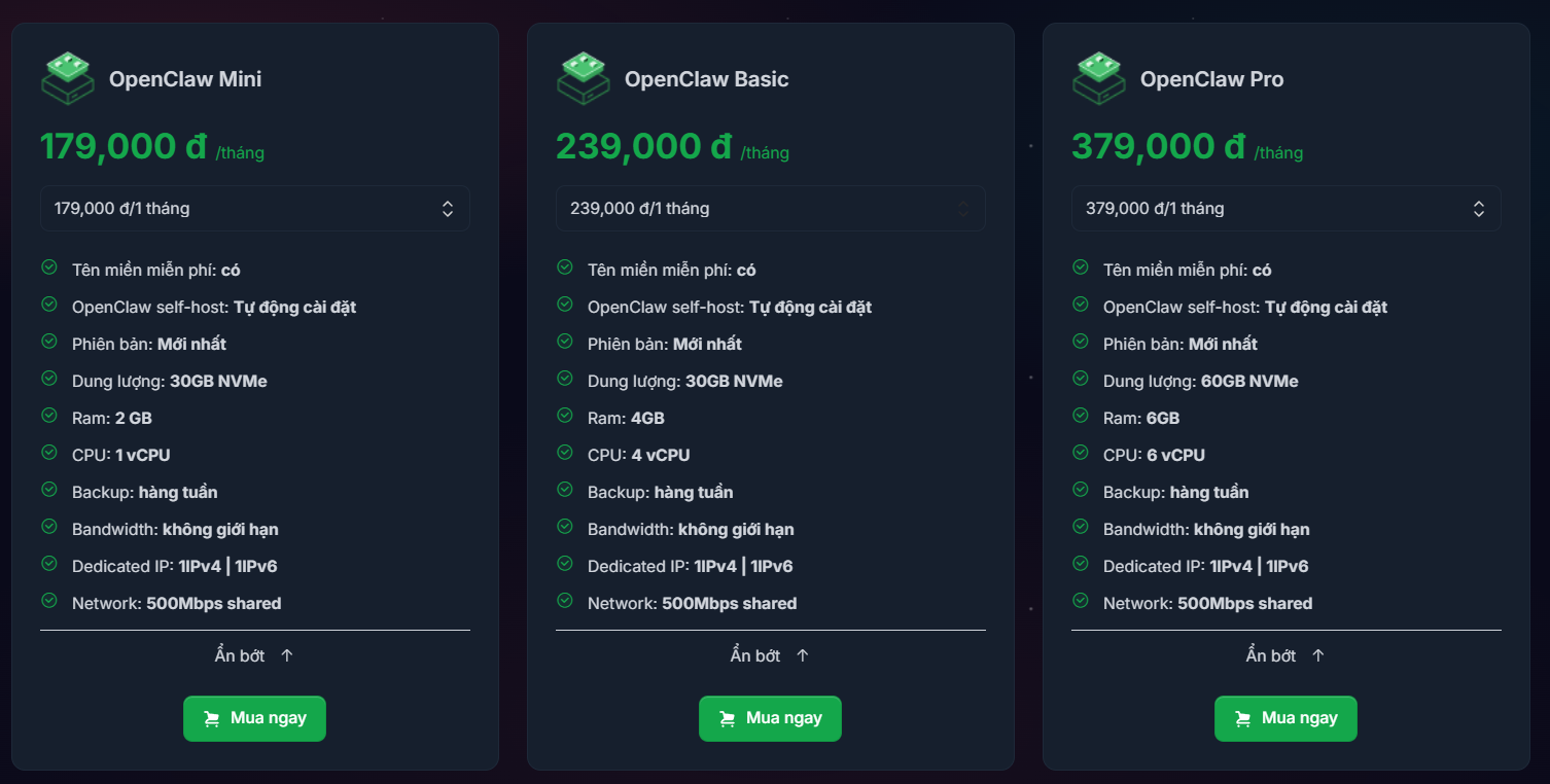 Bảng giá dịch vụ VPS OpenClaw tại Tino