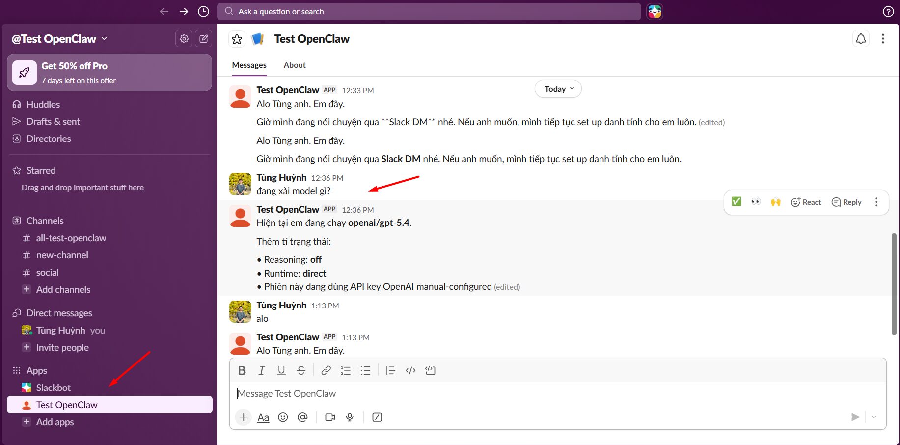 Kiểm tra kết quả hoạt động trên Slack