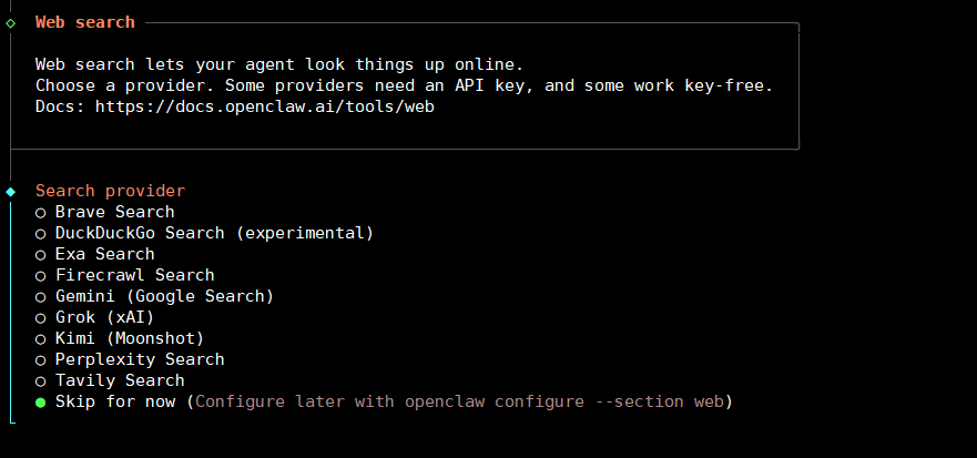 Hướng dẫn cài đặt OpenClaw trên VPS bằng Docker 16 Bước 5: Cấu hình Web search, Skills và các thành phần khác
