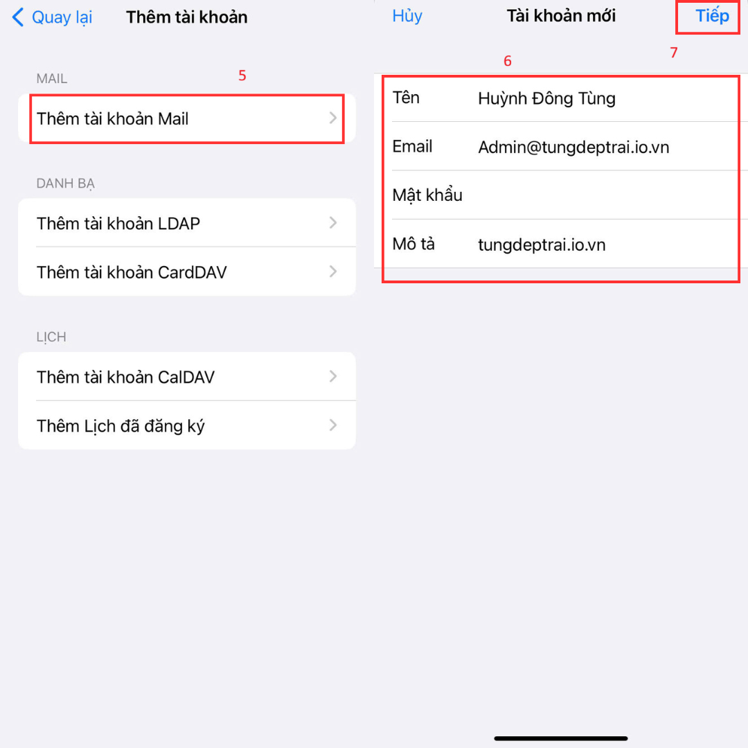 Các bước đăng nhập TinoMail vào ứng dụng Mail 