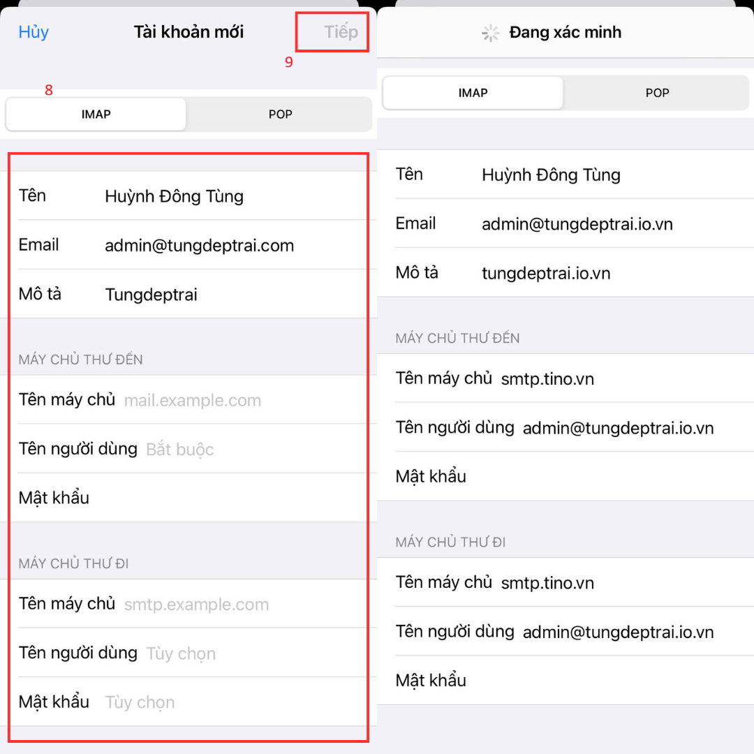 Các bước đăng nhập TinoMail vào ứng dụng Mail 