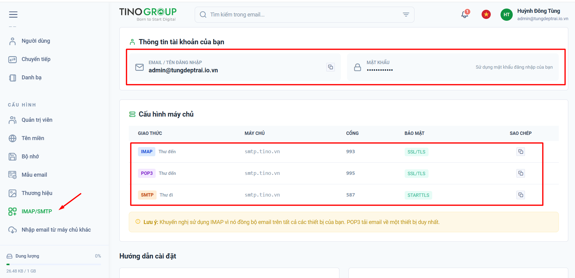 Hướng dẫn đăng nhập TinoMail vào ứng dụng Mail trên Android 2 Chuẩn bị thông số cấu hình máy chủ từ TinoMail