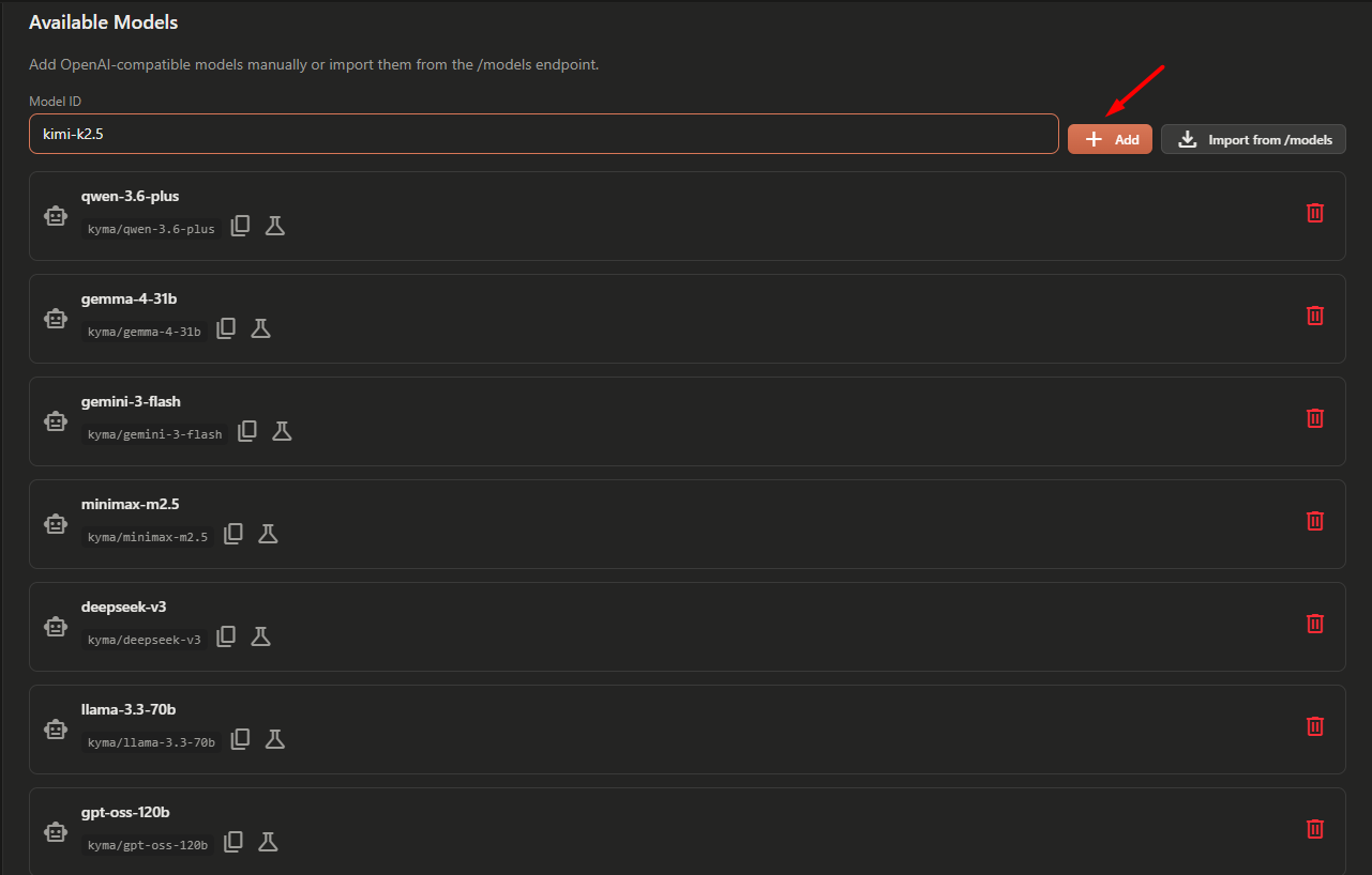 Thêm các model từ Kyma vào 9Router
