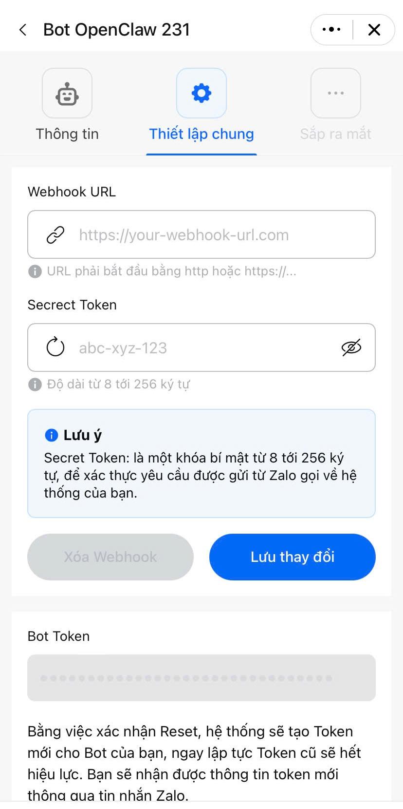 Hướng dẫn kết nối Zalo với OpenClaw qua Bot API chi tiết A-Z 15 Tạo Webhook trong phần cài đặt bot (tùy chọn)